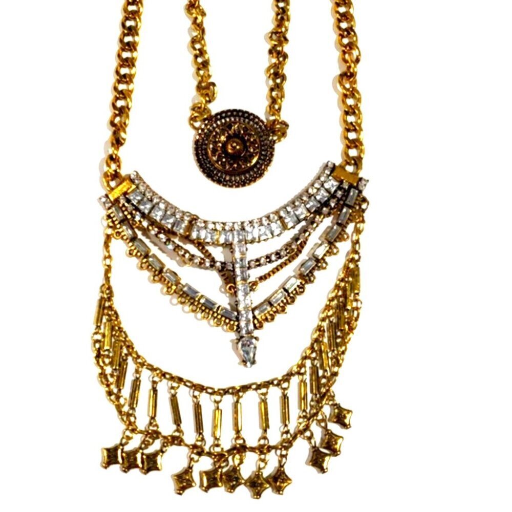 Gold Tone Multi-Layered Statement Necklace w/ Crystal Accents - Women's Jewelry